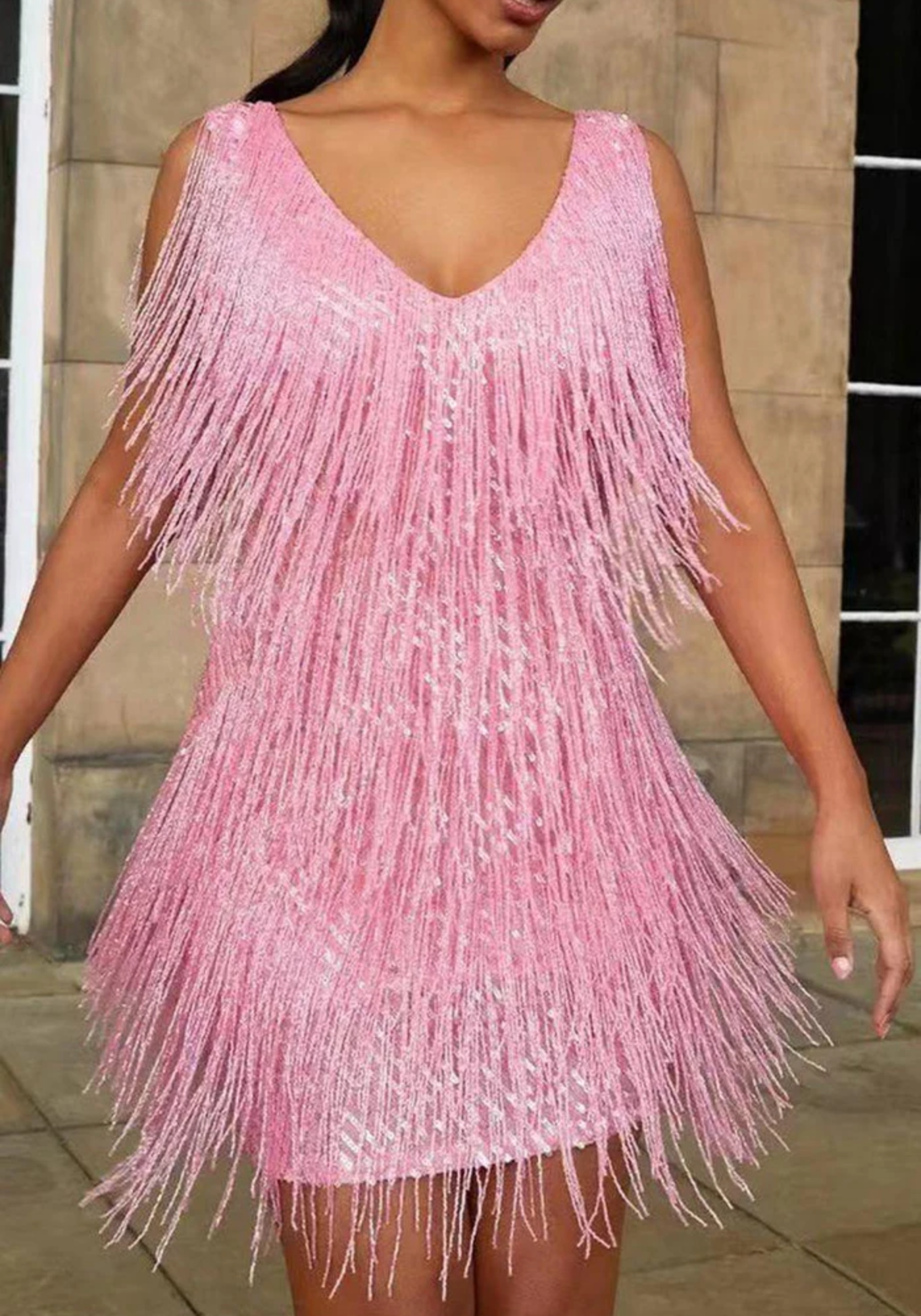 Frangelia – Fringe embellished design – V-neck mini dress