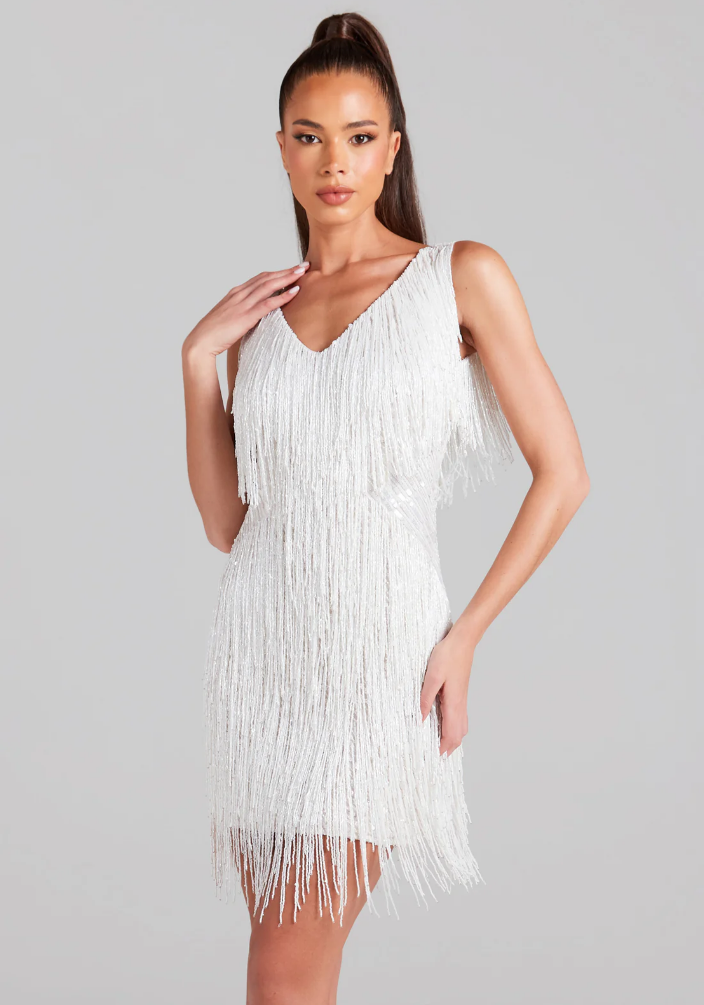 Frangelia – Fringe embellished design – V-neck mini dress