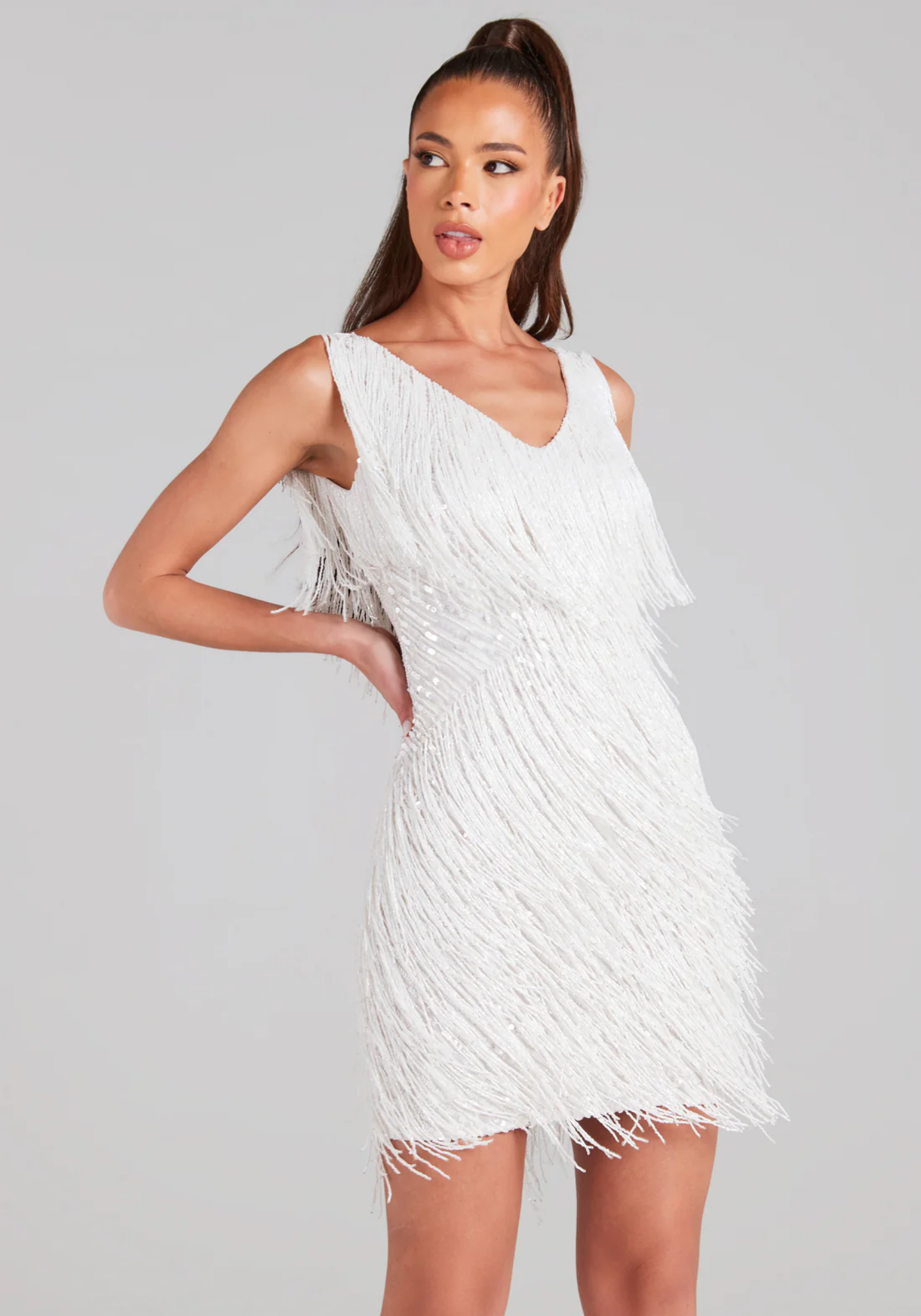 Frangelia – Fringe embellished design – V-neck mini dress