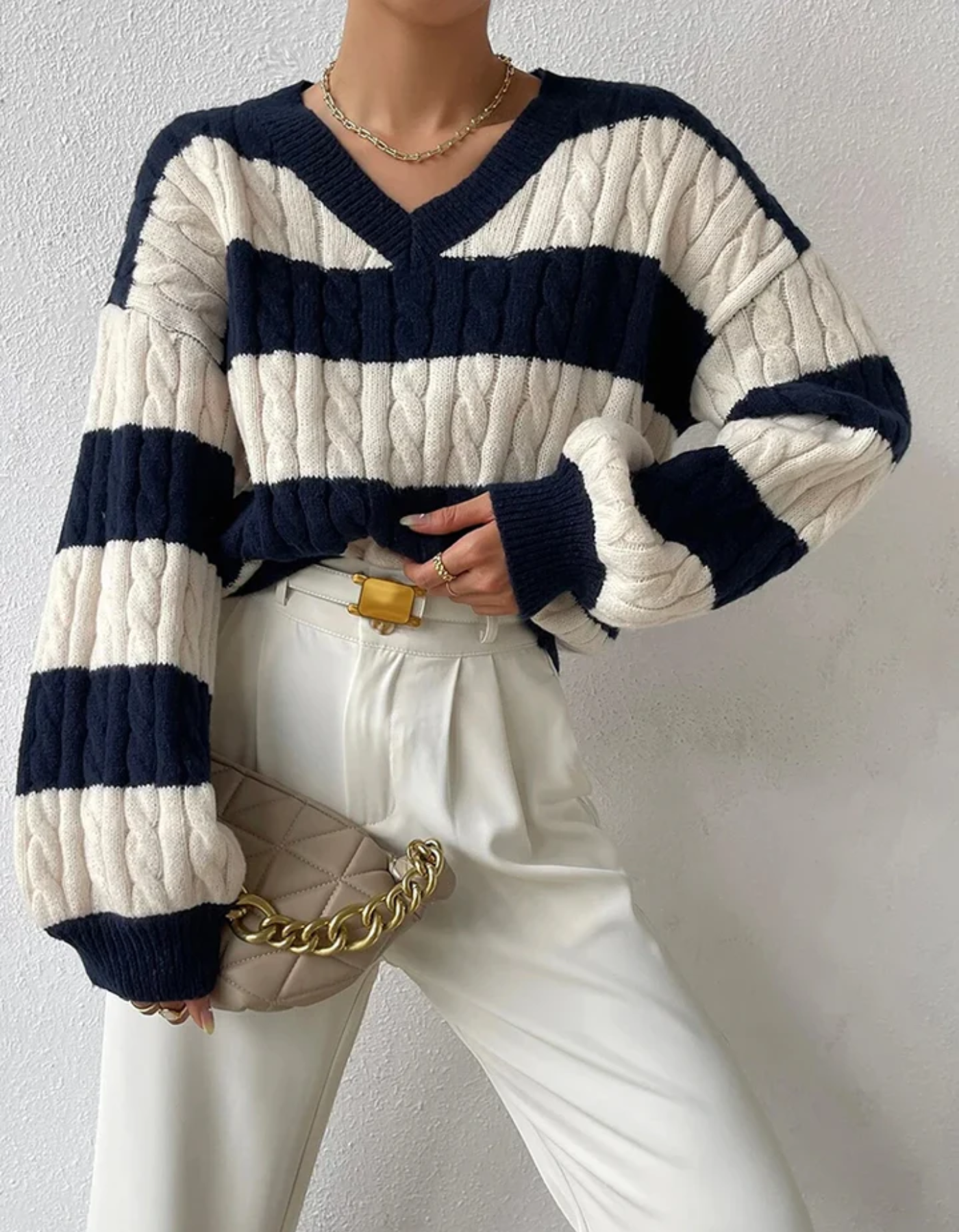Mira – Striped Cable Knit – Sweater