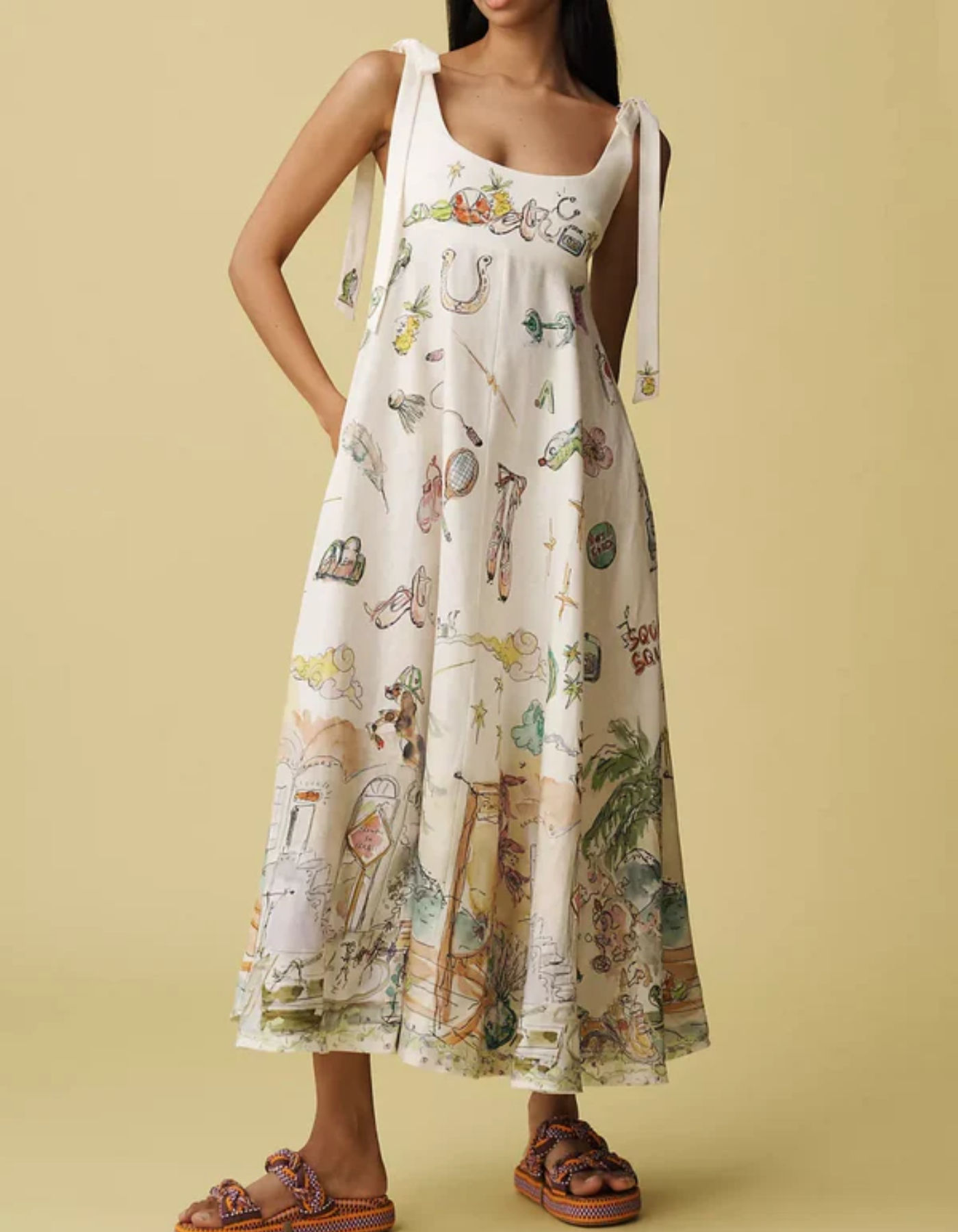 Rivieraise – Illustrated charm – Tie strap midi dress