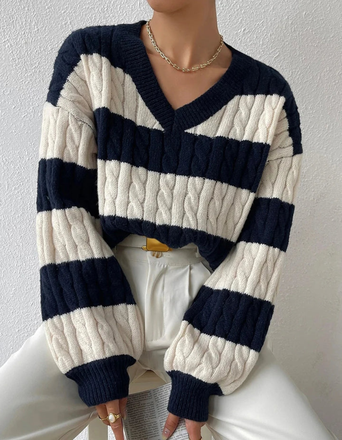 Mira – Striped Cable Knit – Sweater