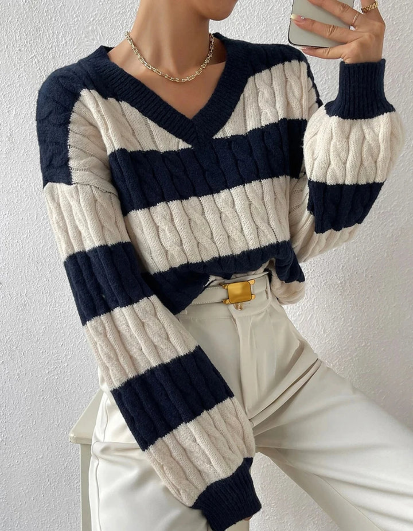 Mira – Striped Cable Knit – Sweater
