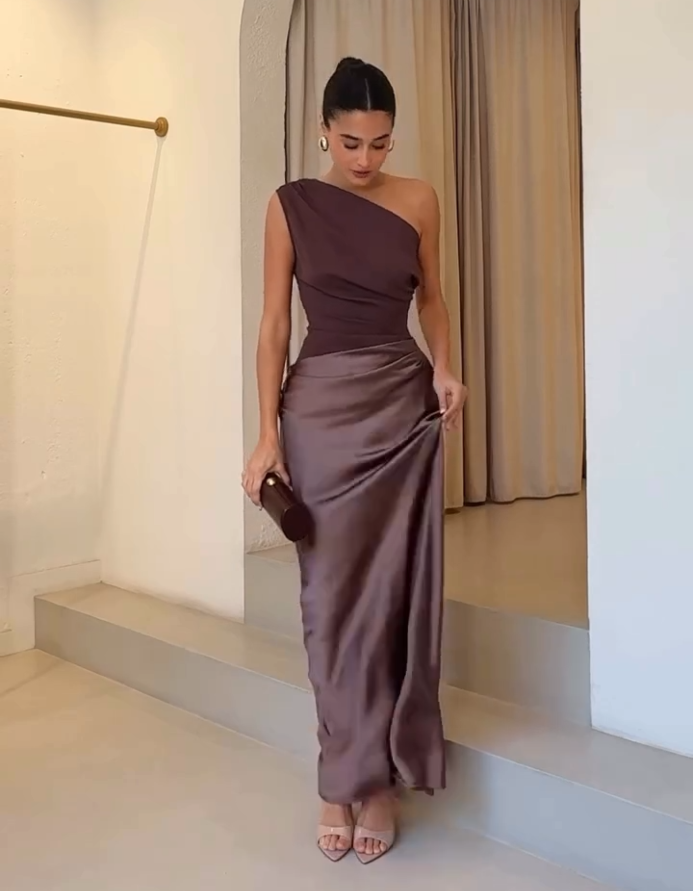 Amaretta – Sculpted drape – Satin evening gown-10174855872839-Ivory Ombre