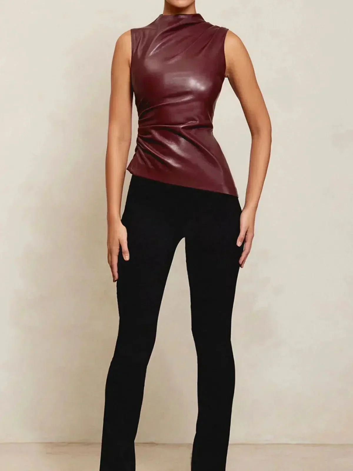 Arietta – Asymmetrical hemline – Faux leather top-10174842470727-Ivory Ombre