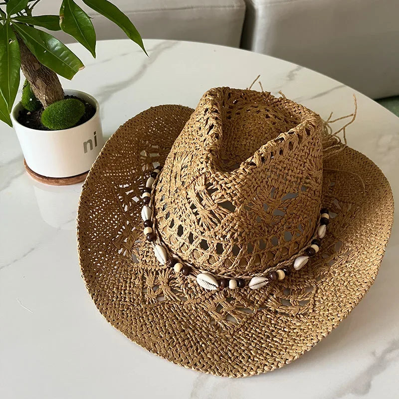 Calvera – Beaded crown – Straw cowboy hat-10174849450311-Ivory Ombre