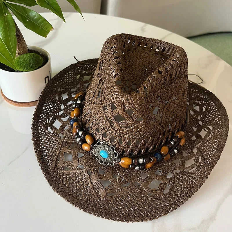 Calvera – Beaded crown – Straw cowboy hat-10174849450311-Ivory Ombre