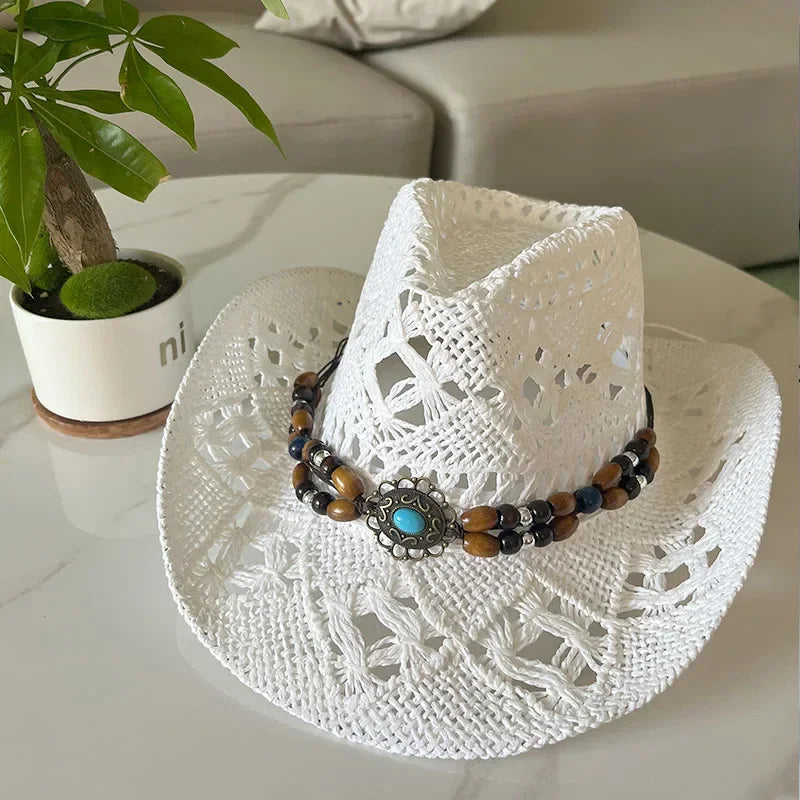 Calvera – Beaded crown – Straw cowboy hat-10174849450311-Ivory Ombre
