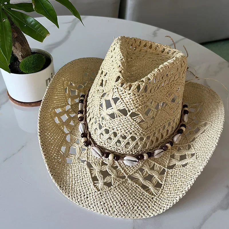 Calvera – Beaded crown – Straw cowboy hat-10174849450311-Ivory Ombre