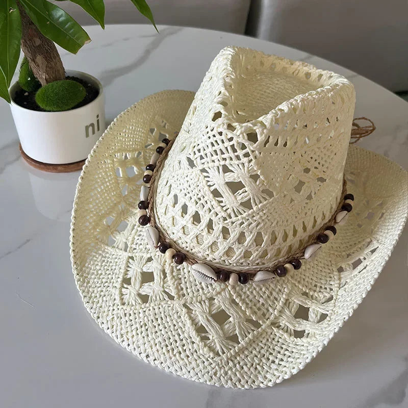 Calvera – Beaded crown – Straw cowboy hat-10174849450311-Ivory Ombre
