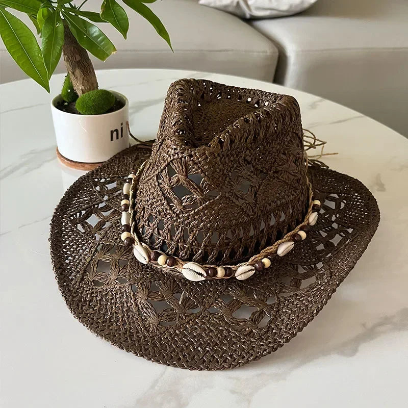 Calvera – Beaded crown – Straw cowboy hat-10174849450311-Ivory Ombre