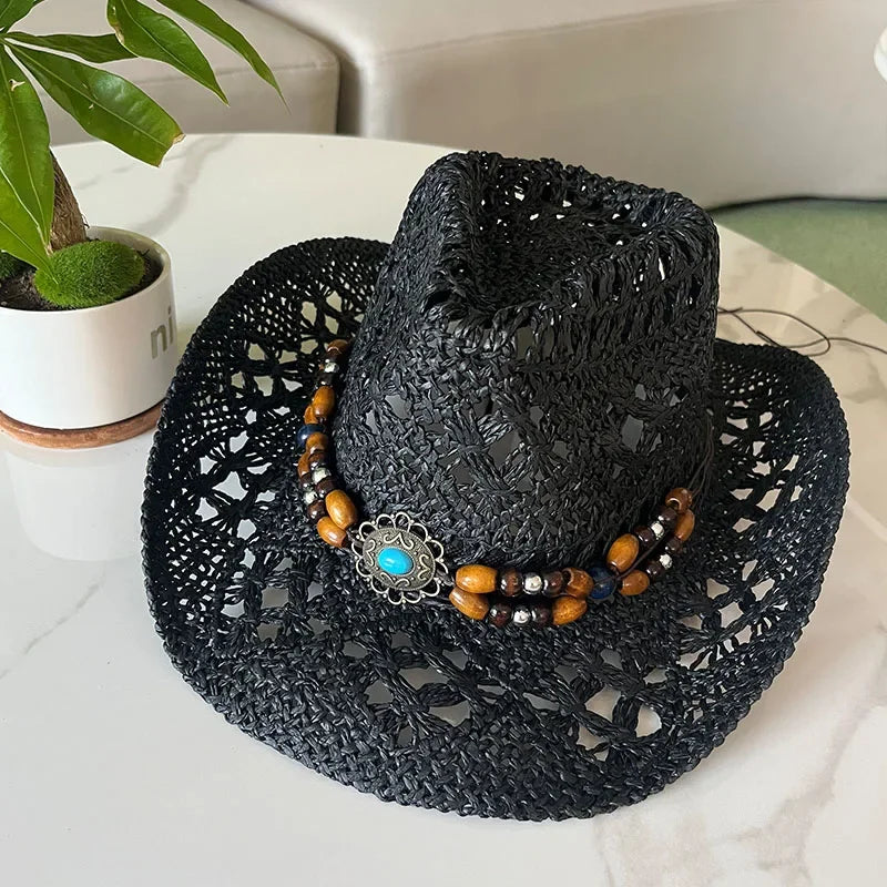 Calvera – Beaded crown – Straw cowboy hat-10174849450311-Ivory Ombre