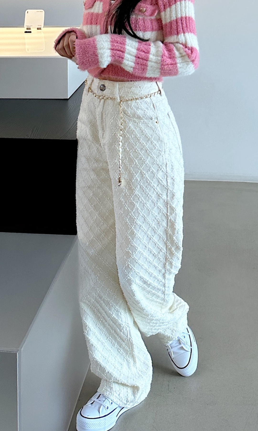 Cerelline – Textured lattice weave – Wide leg trousers-10174848205127-Ivory Ombre
