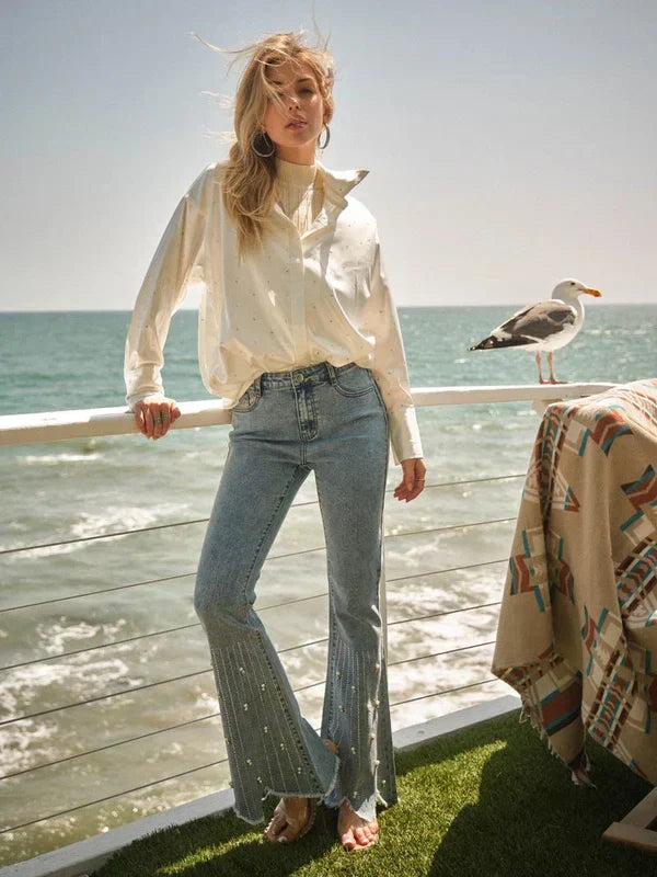 Emanuela – Rhinestone embellished – Boot cut flared jeans-10174844633415-Ivory Ombre