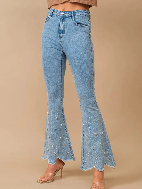Emanuela – Rhinestone embellished – Boot cut flared jeans-10174844633415-Ivory Ombre