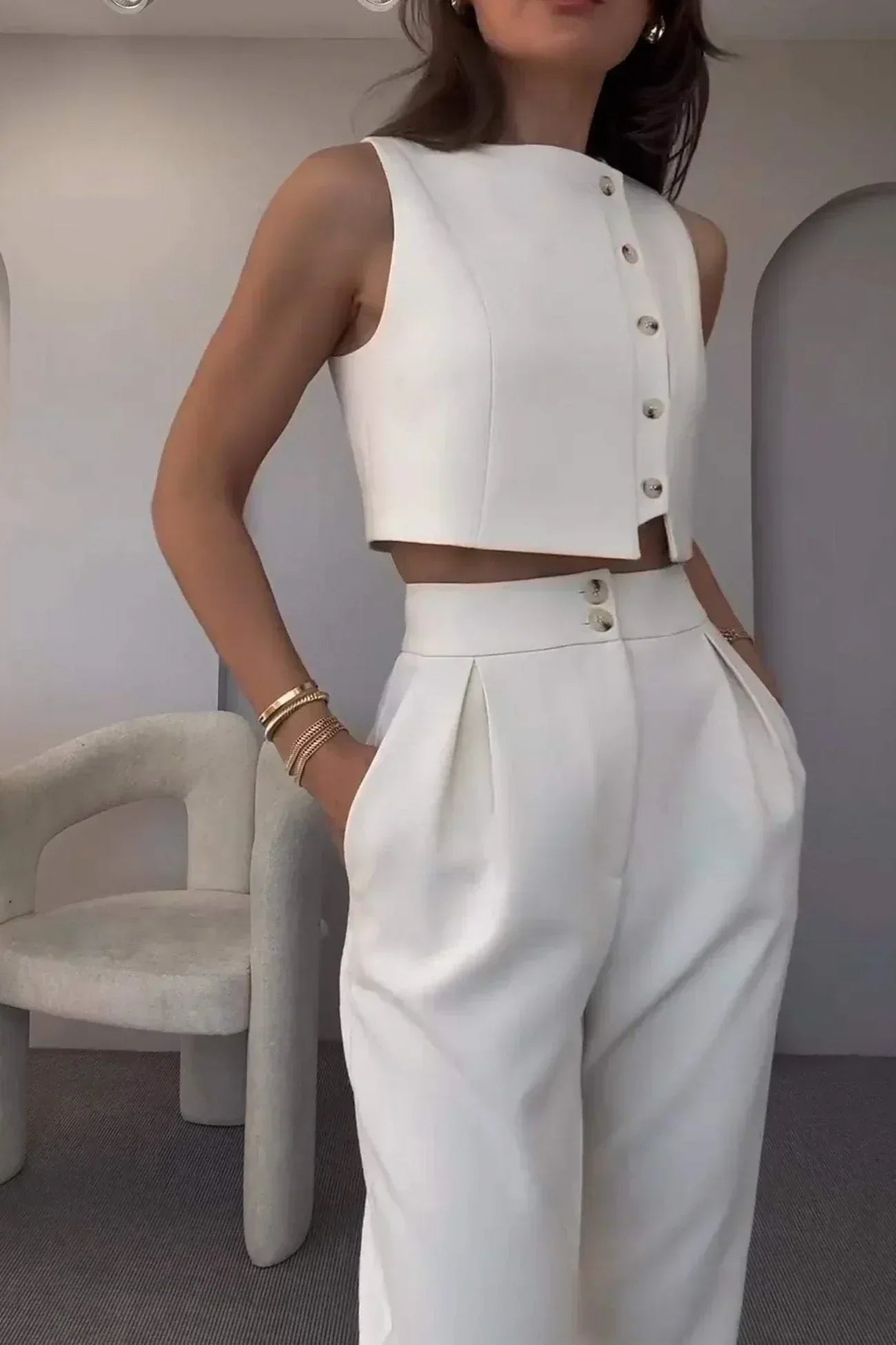 Émara – Tailored minimal – Cropped vest & tapered trousers set-10174862917959-Ivory Ombre