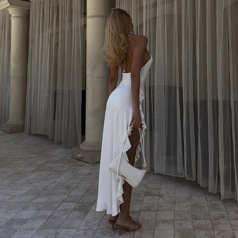 Floravie – Ruffle trim – Halter midi dress-10174858461511-Ivory Ombre