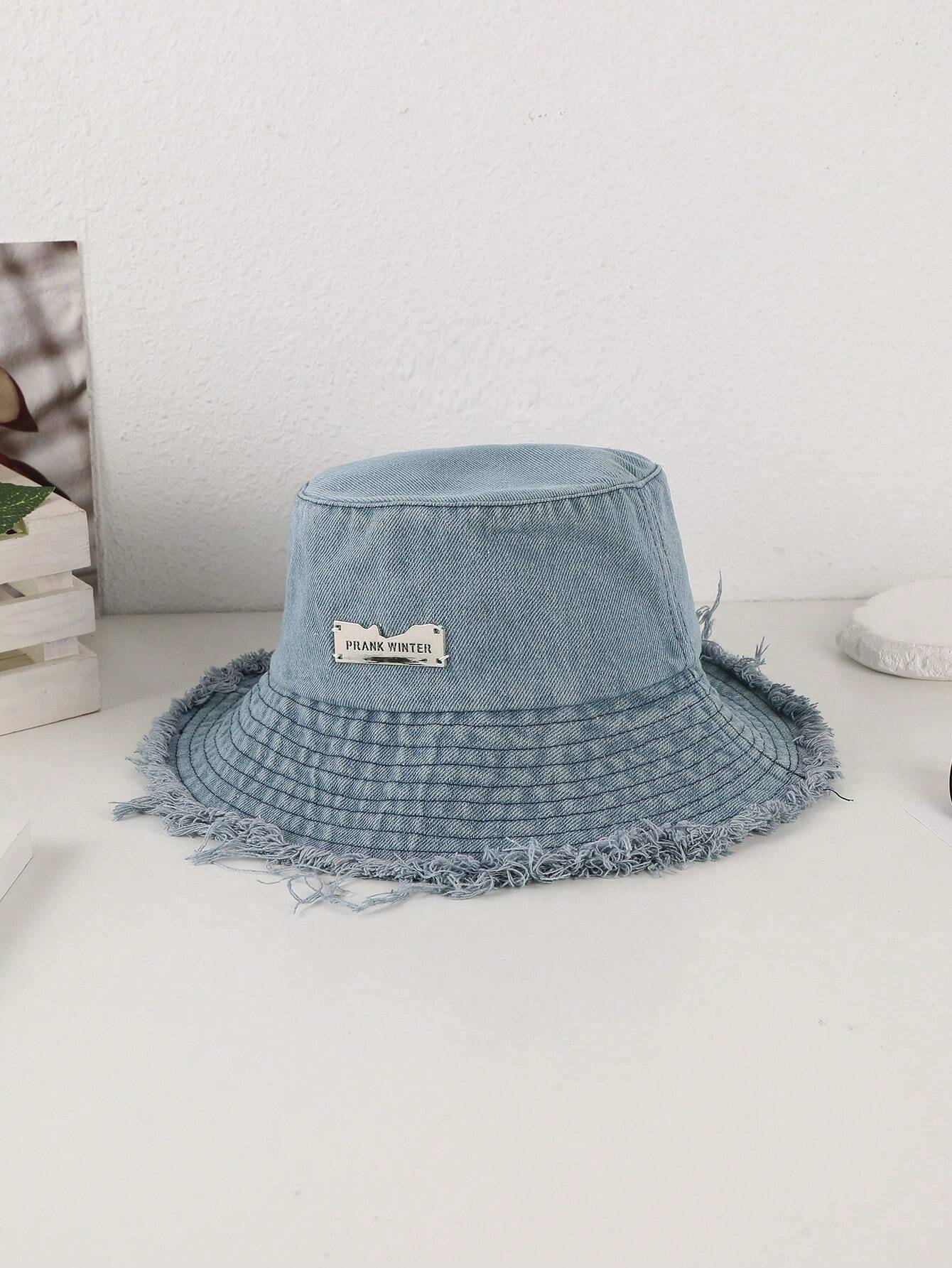 Lioré – Distressed edge – Washed denim bucket hat-10174850531655-Ivory Ombre