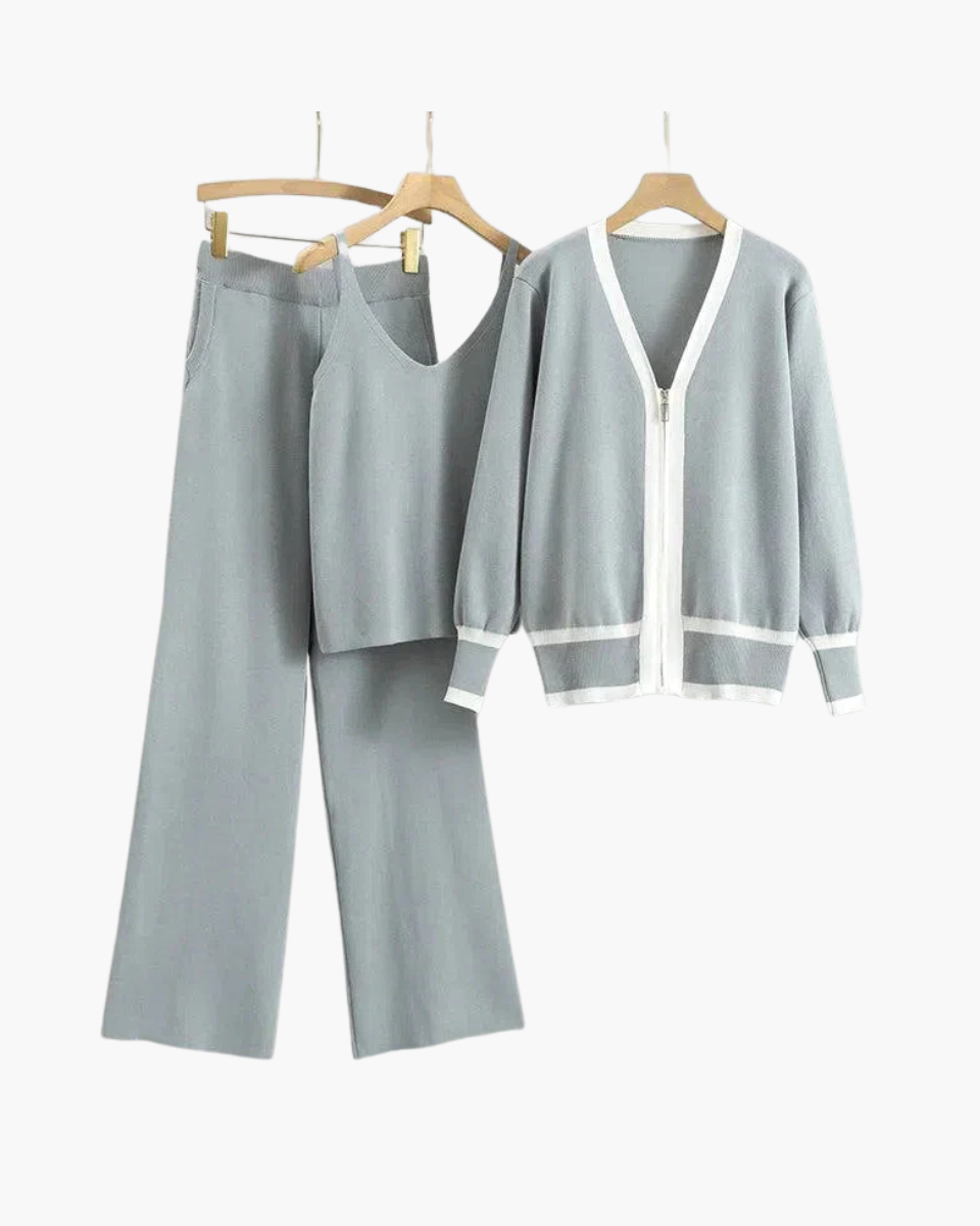 Marguerite – V-neck zip-up cardigan – Three-piece knit set-10174756028743-Ivory Ombre