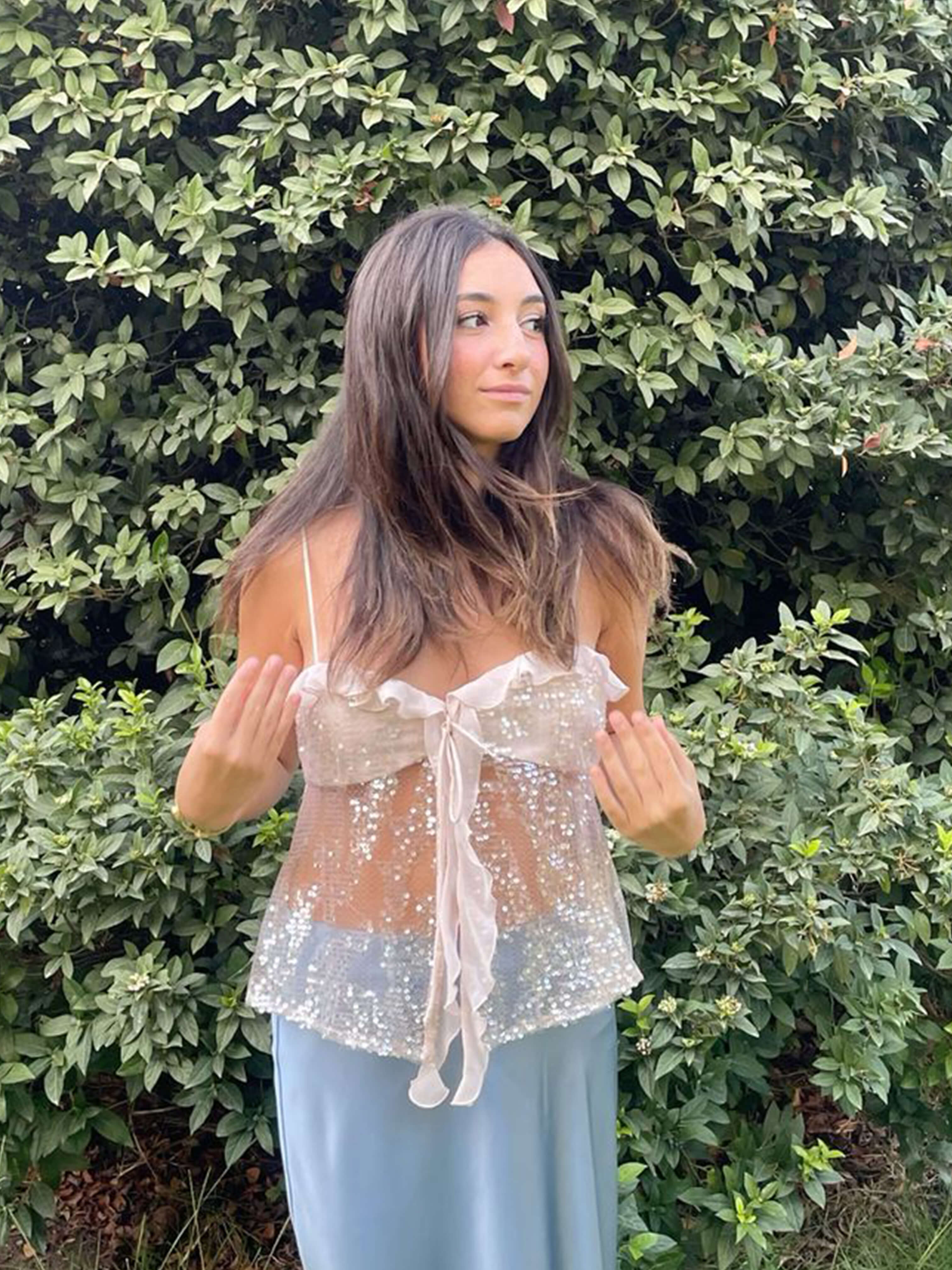 Maristelle – Ruffle sequin – Mesh top-10174866358599-Ivory Ombre