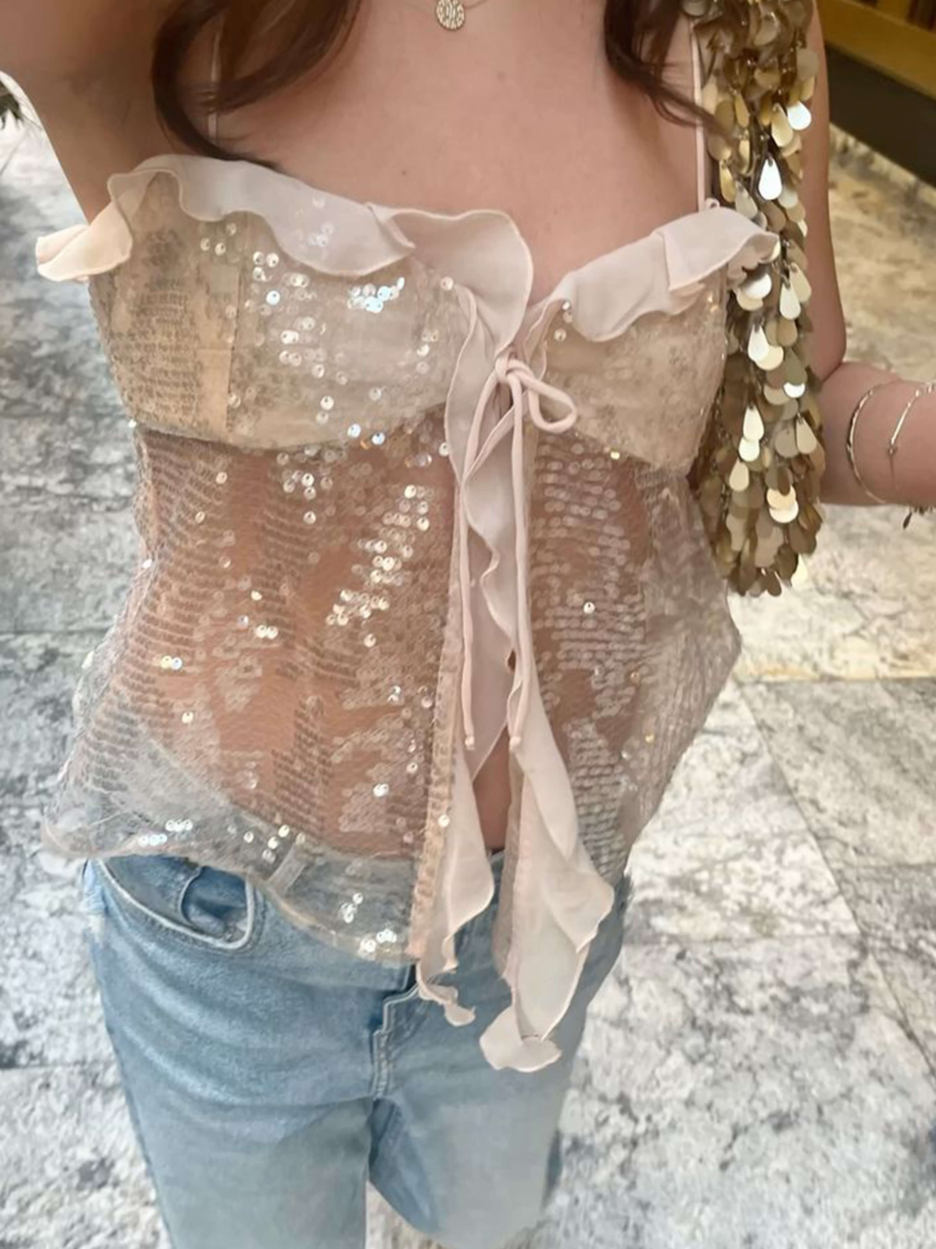 Maristelle – Ruffle sequin – Mesh top-10174866358599-Ivory Ombre