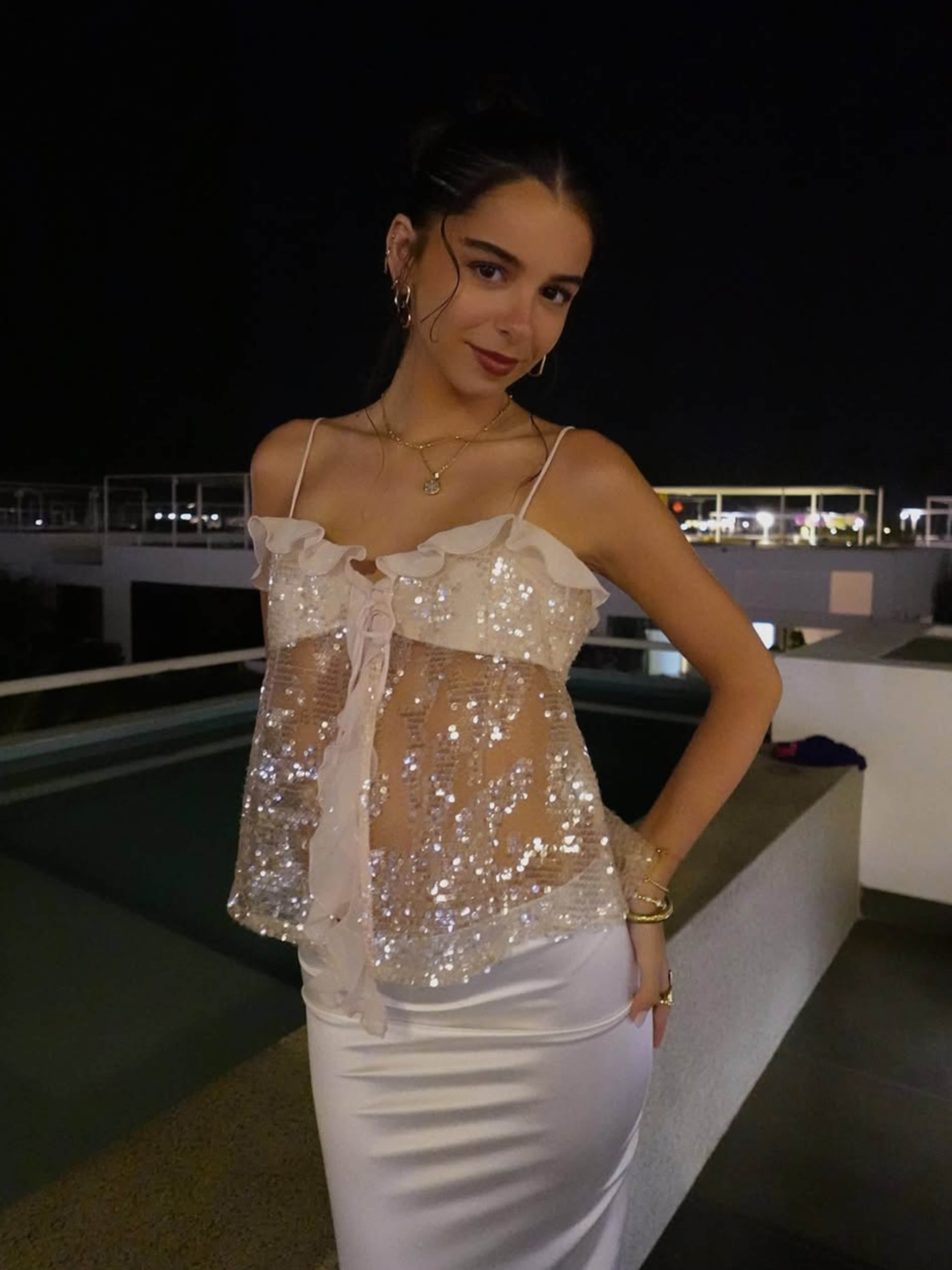 Maristelle – Ruffle sequin – Mesh top-10174866358599-Ivory Ombre