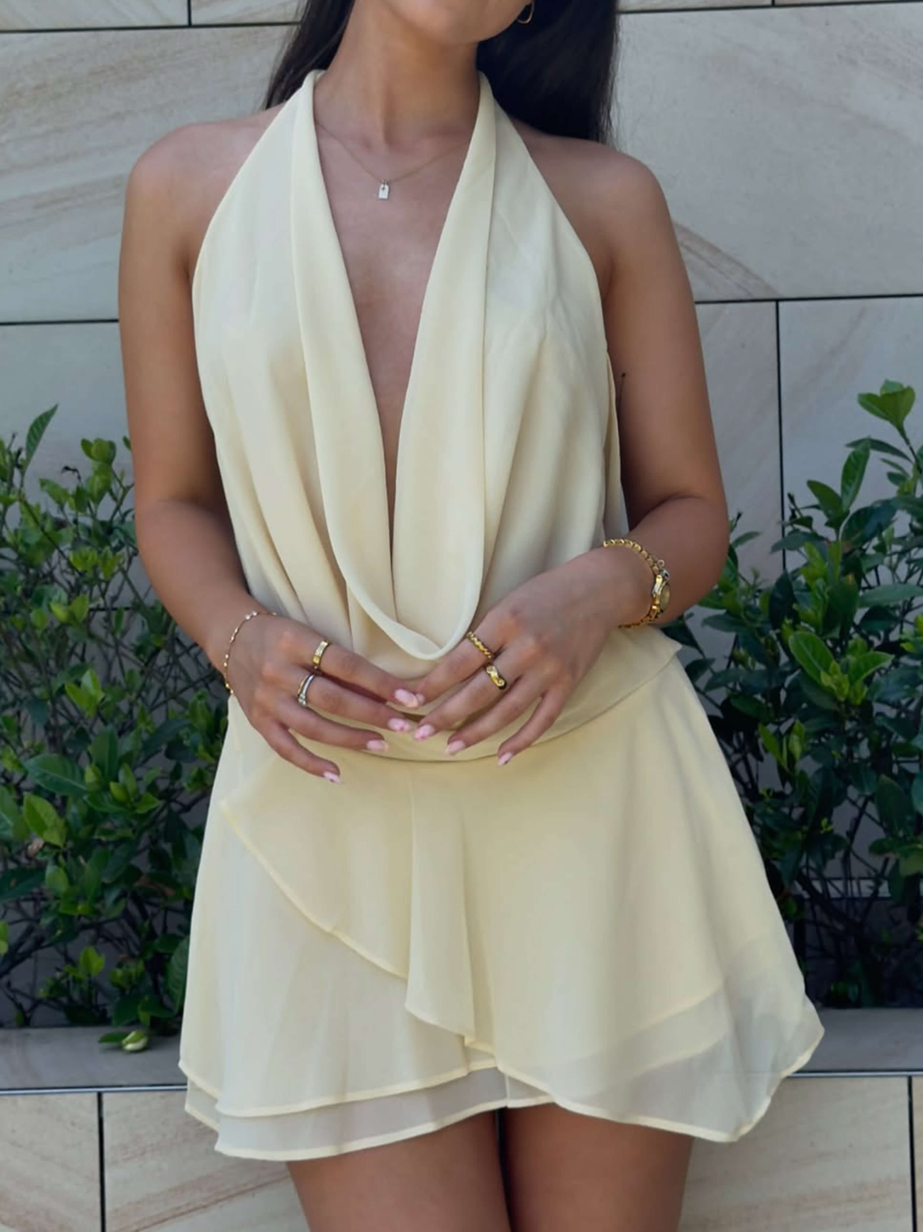 Melavie – Draped front detail – Halter mini dress-10174866751815-Ivory Ombre