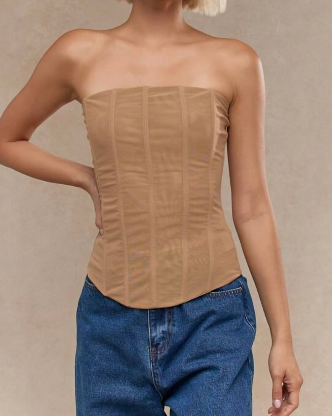 Mira – Sheer ruched – Strapless corset top-10174865310023-Ivory Ombre