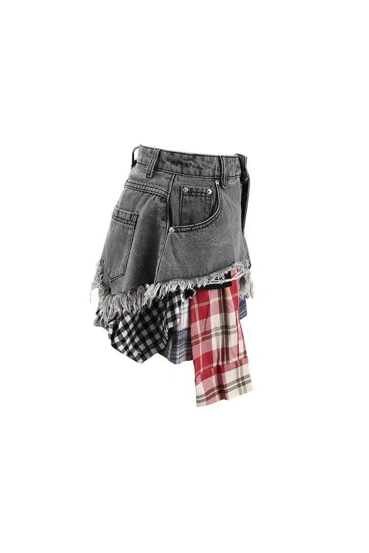 Monica – Plaid panels – Layered denim mini skirt-10174843552071-Ivory Ombre