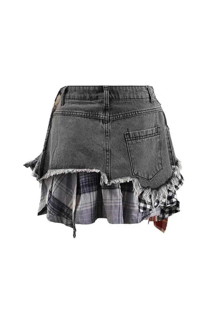 Monica – Plaid panels – Layered denim mini skirt-10174843552071-Ivory Ombre