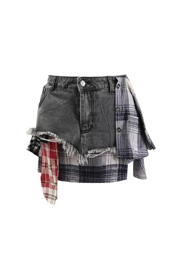 Monica – Plaid panels – Layered denim mini skirt-10174843552071-Ivory Ombre