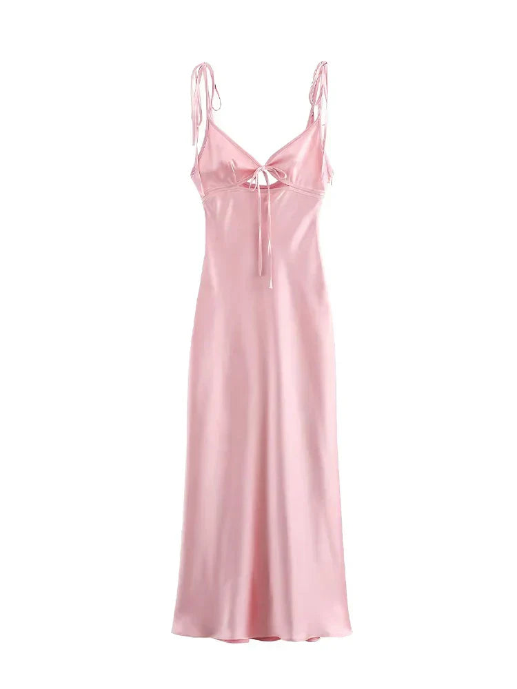 Roselène – Satin tie strap – Cut-out midi dress-10174858723655-Ivory Ombre