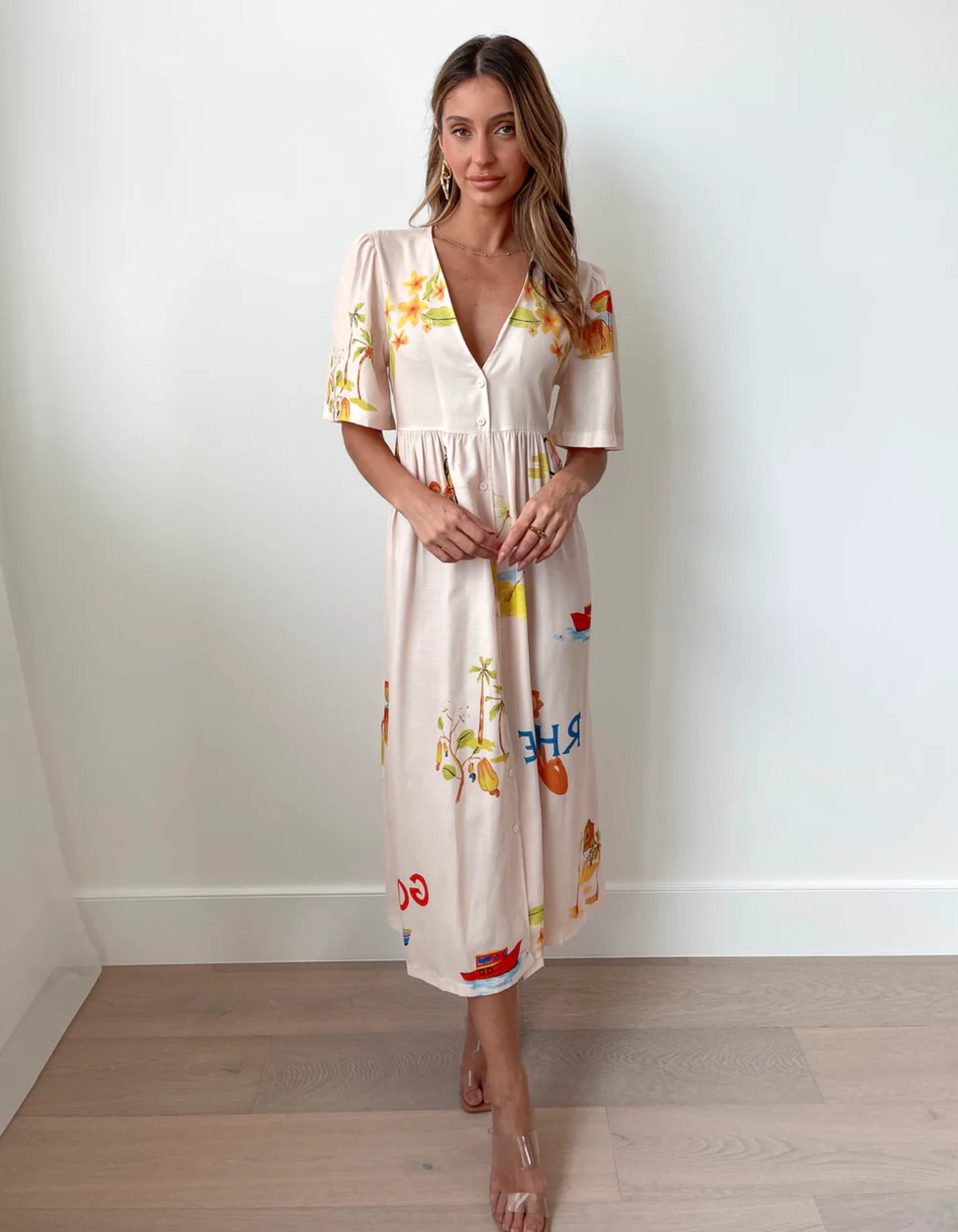 Solmarina – Printed charm – Midi dress-10183311688007-Ivory Ombre