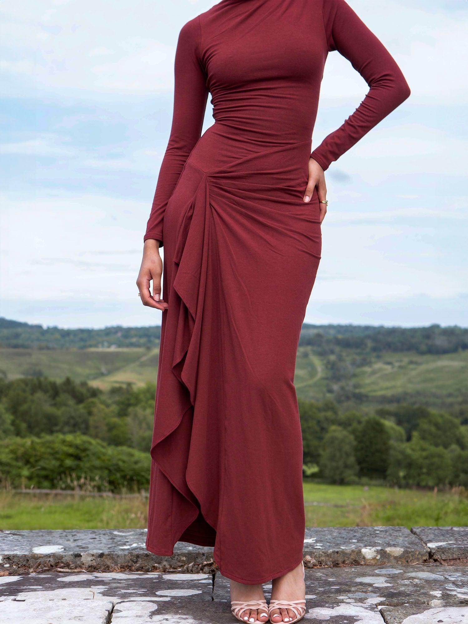 Veneta – Draped elegant stretch – Long-sleeve gown-10174725062983-Ivory Ombre