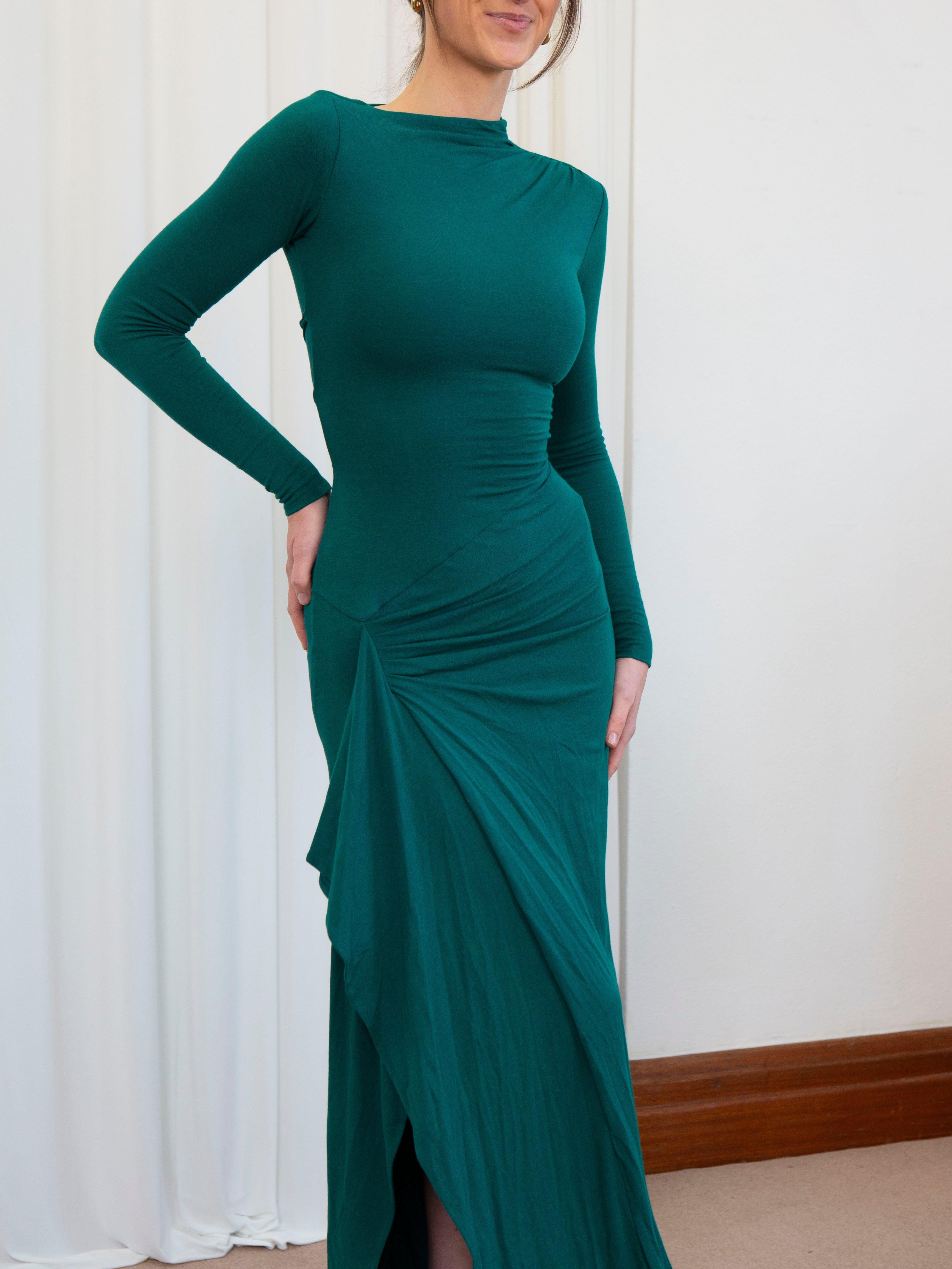 Veneta – Draped elegant stretch – Long-sleeve gown-10174725062983-Ivory Ombre