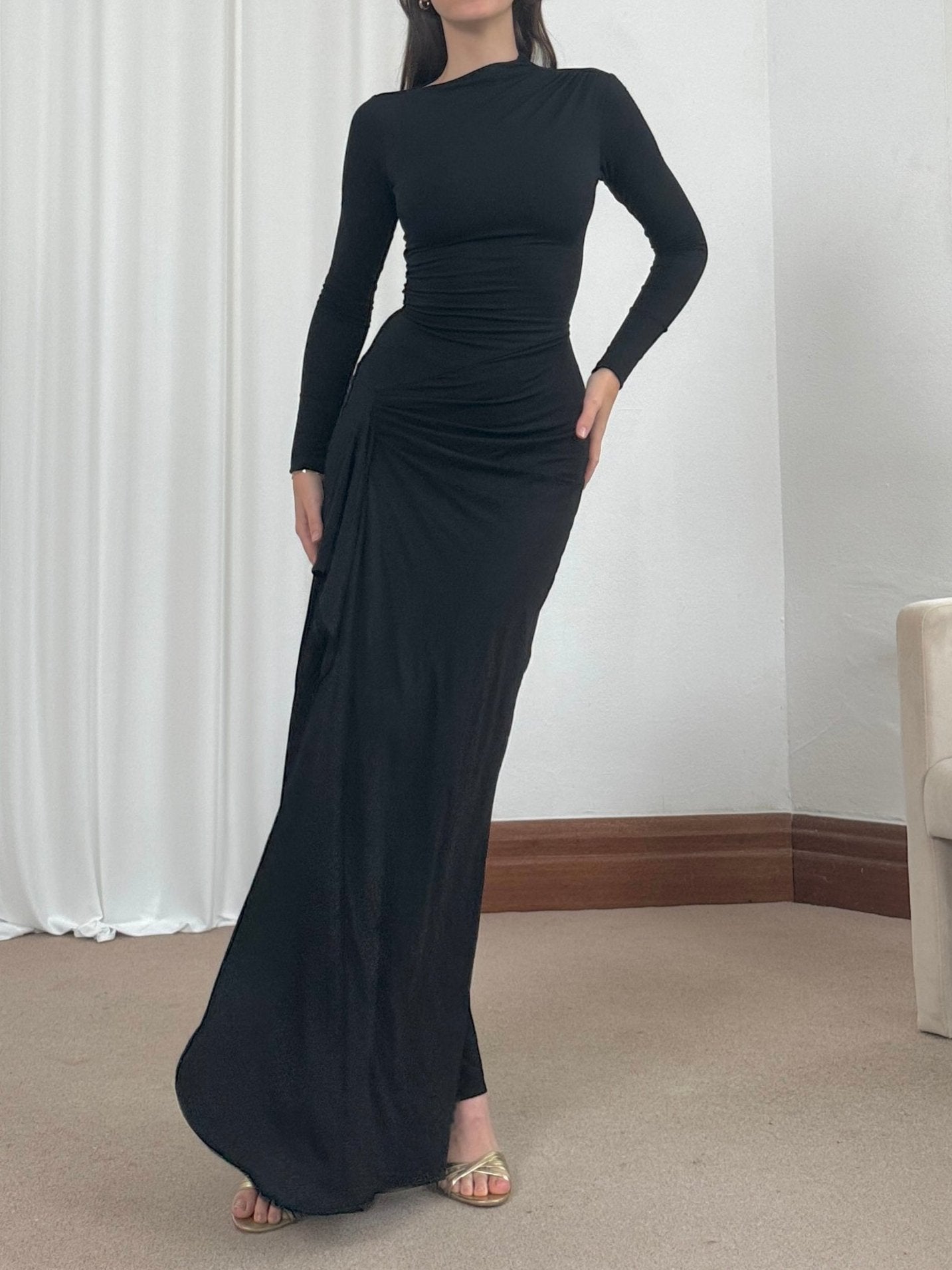 Veneta – Draped elegant stretch – Long-sleeve gown-10174725062983-Ivory Ombre