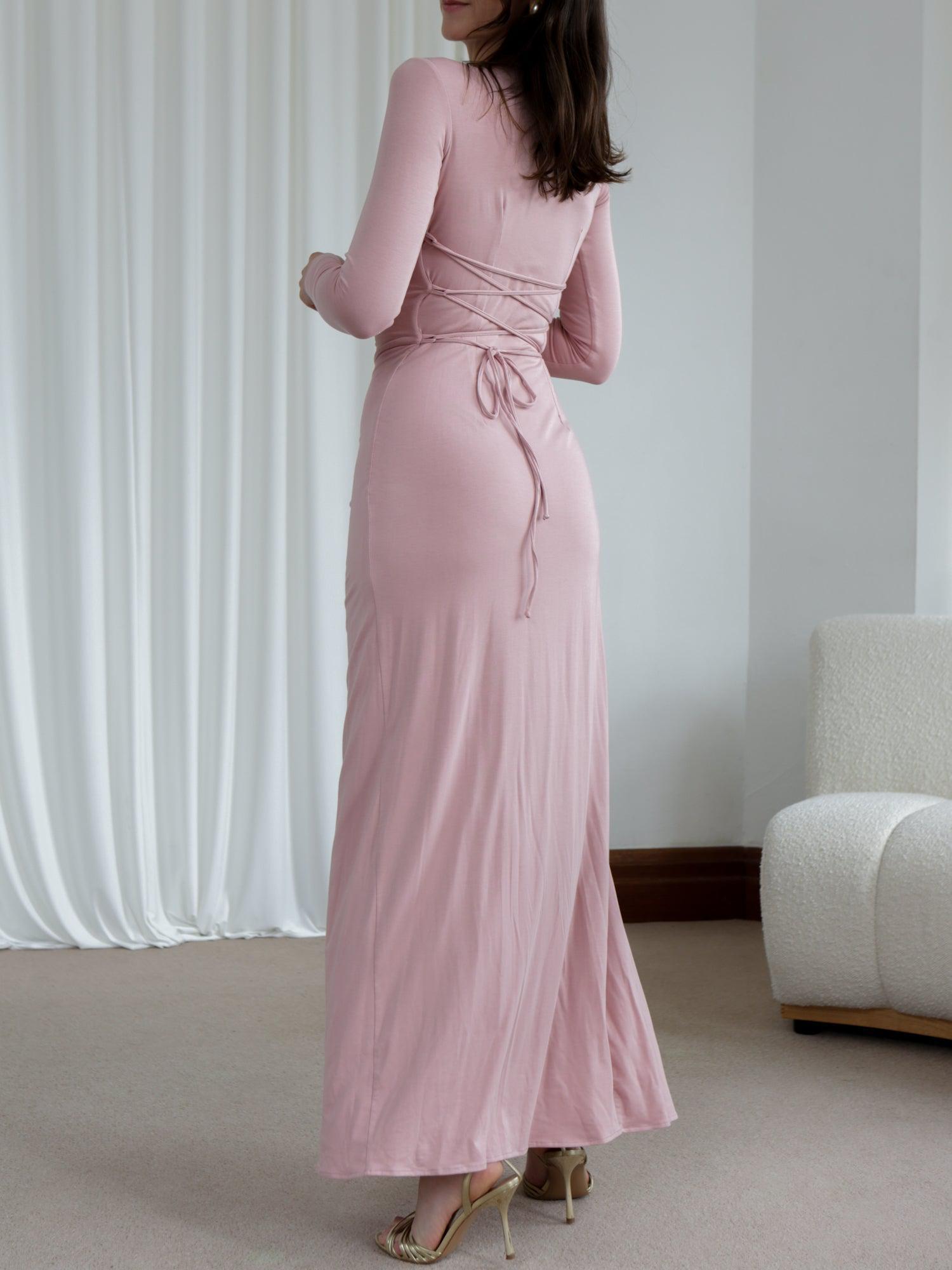 Veneta – Draped elegant stretch – Long-sleeve gown-10174725062983-Ivory Ombre