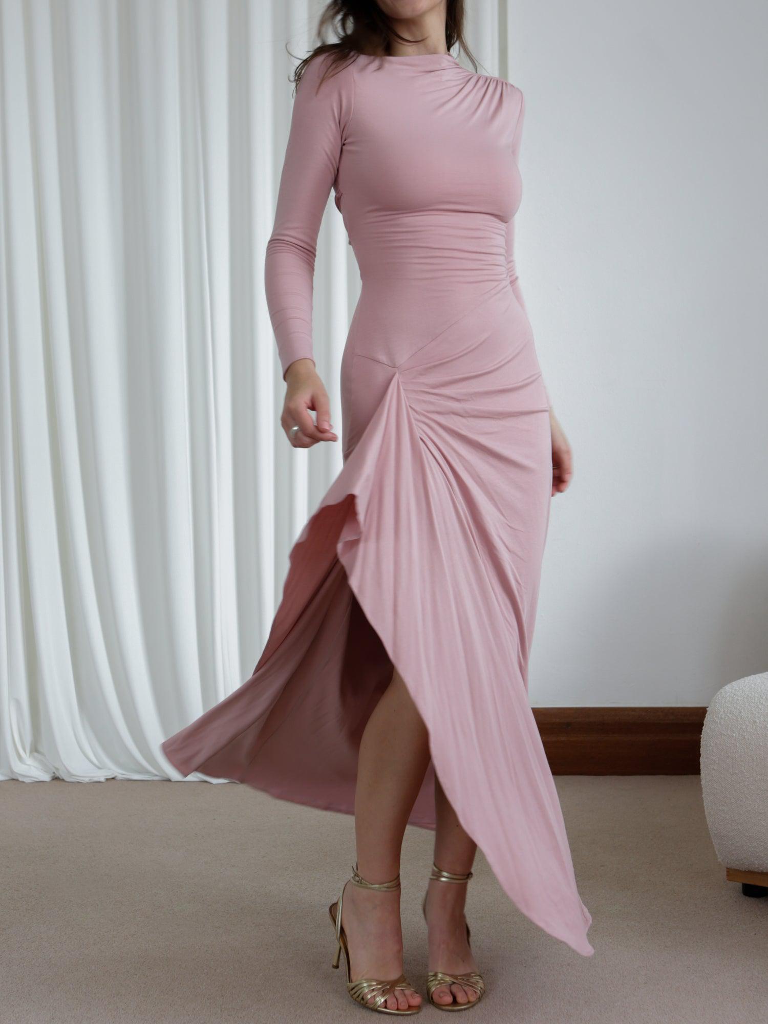 Veneta – Draped elegant stretch – Long-sleeve gown-10174725062983-Ivory Ombre