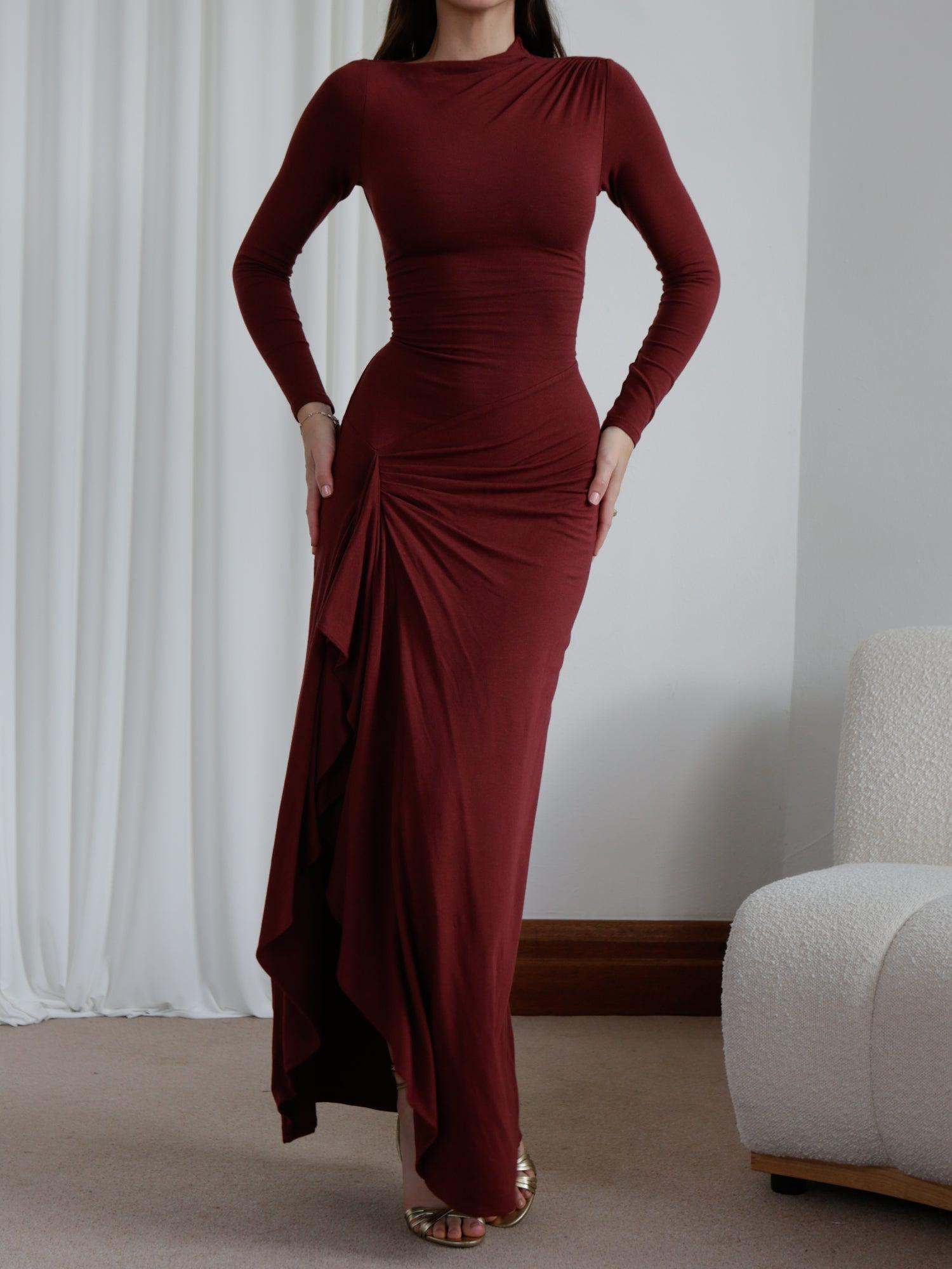 Veneta – Draped elegant stretch – Long-sleeve gown-10174725062983-Ivory Ombre