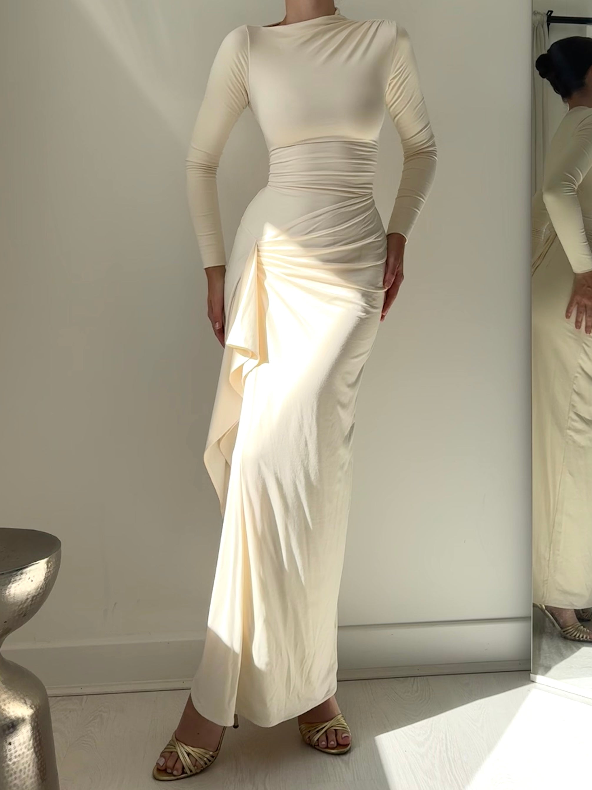 Veneta – Draped elegant stretch – Long-sleeve gown-10174725062983-Ivory Ombre
