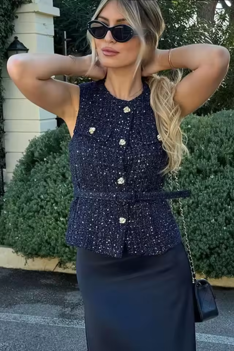 Zaira – Textured button detail – Tweed vest top-10174746198343-Ivory Ombre
