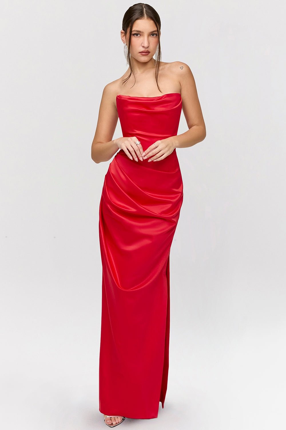 Straviana – Sleek satin drape – Strapless maxi dress