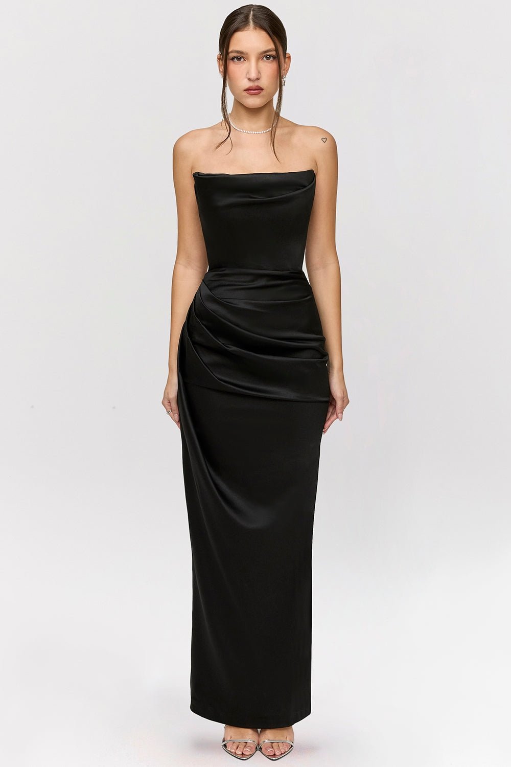 Straviana – Sleek satin drape – Strapless maxi dress